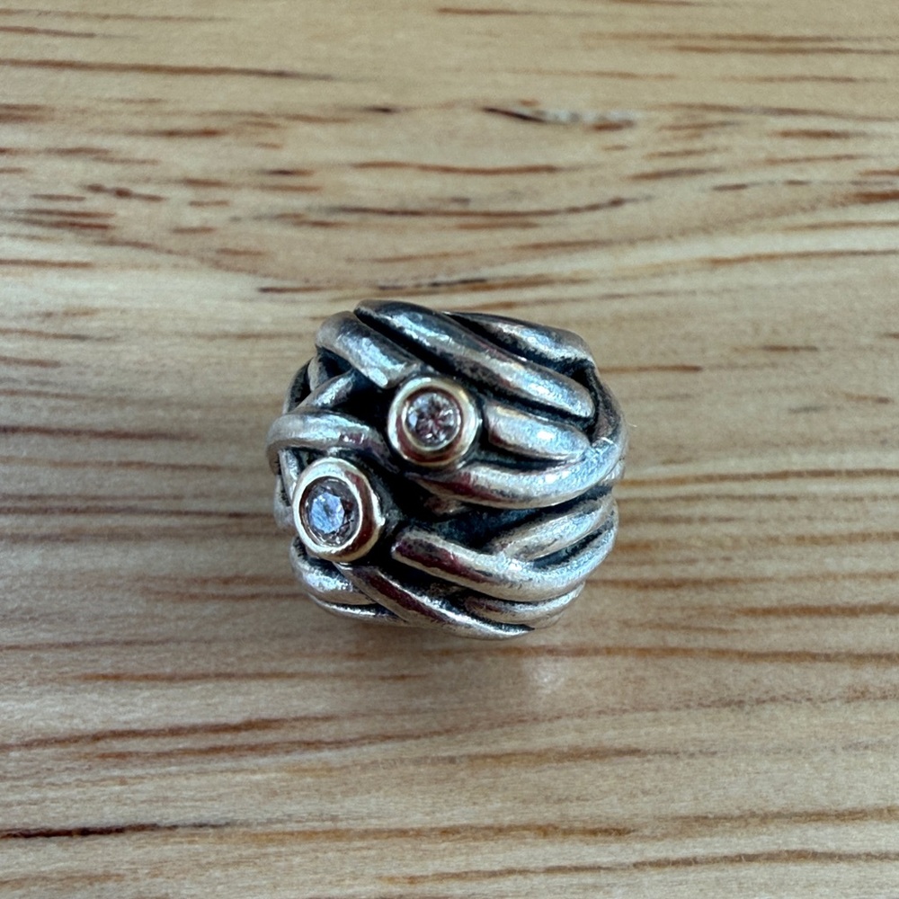 Retired Pandora Woven Together Charm - 14k gold, sterling silver, and 3 diamonds